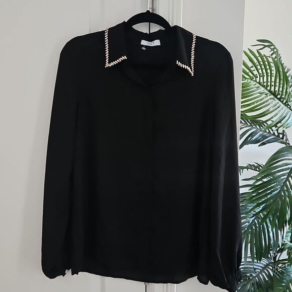 💝Suzy rhinestone collar black button up blouse - Picture 1 of 3